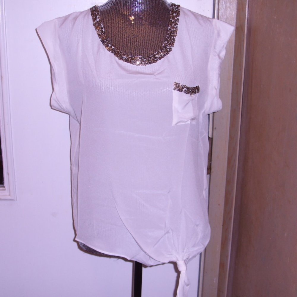 Vtg '10 Greylin Anthrop Silk Blouse L white w/ sequins Pocket Side Tie NWT